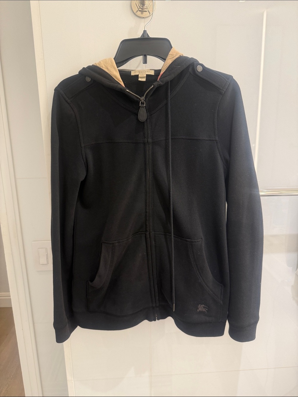 Burberry Brit Women’s Black Hoodie with Burberry Plaid Hood Lining sz S